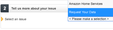 Amazon's contact page with the Prime and more menu selected