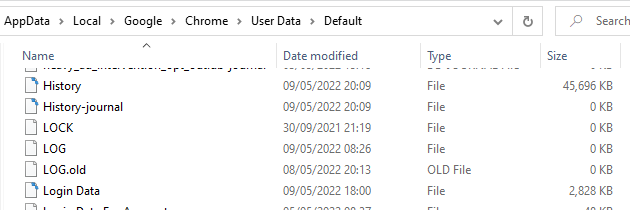 Windows Explorer showing the Chrome User Data folder, with the History file among the files below the folders
