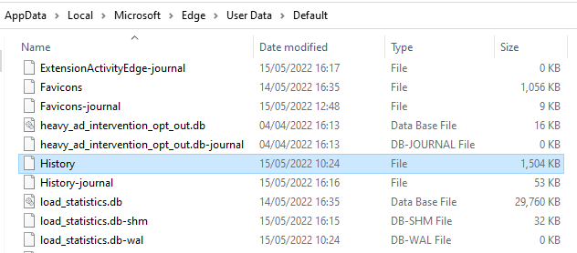 Windows Explorer showing the Edge User Data folder, with the History file among the files below the folders