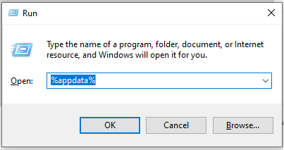 The Windows Run dialog with %AppData% typed into the Open box