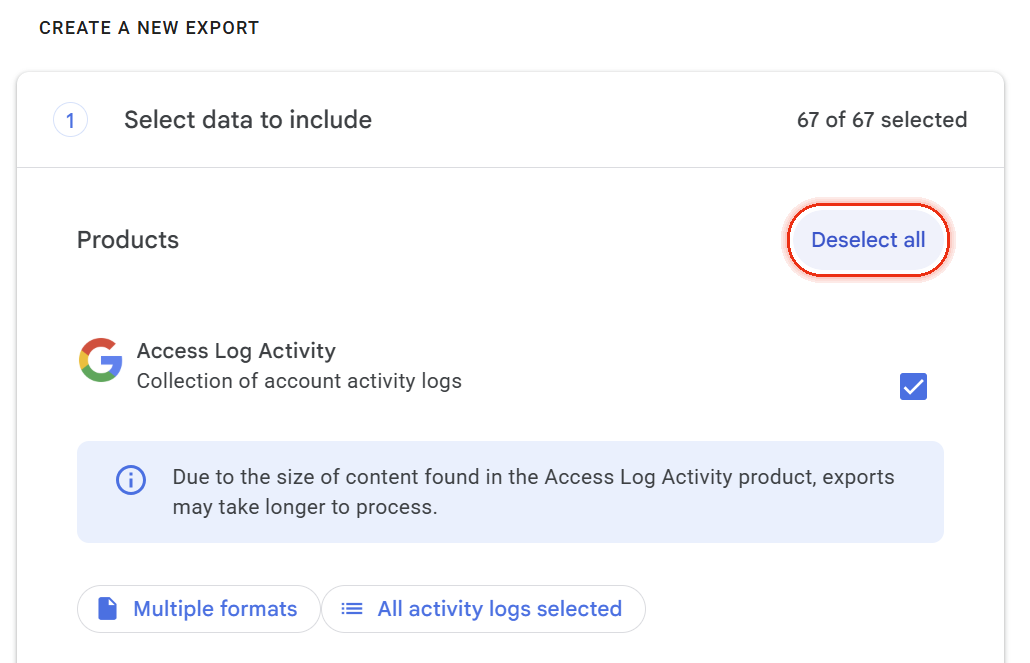 The Google Takeout export screen with 67 of 67 products selected. The Deselect all button, top right of the Products row, is ringed in red.