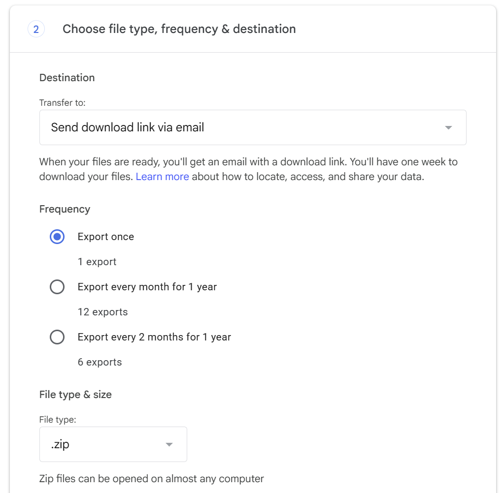 Google Takeout export options screen, with the Export once option selected and the email delivery method chosen.