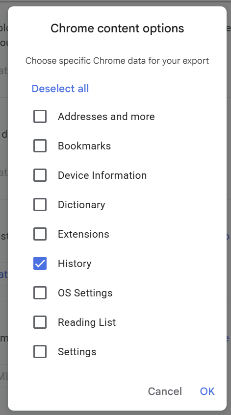 BrowserHistory selected in the Chrome data list