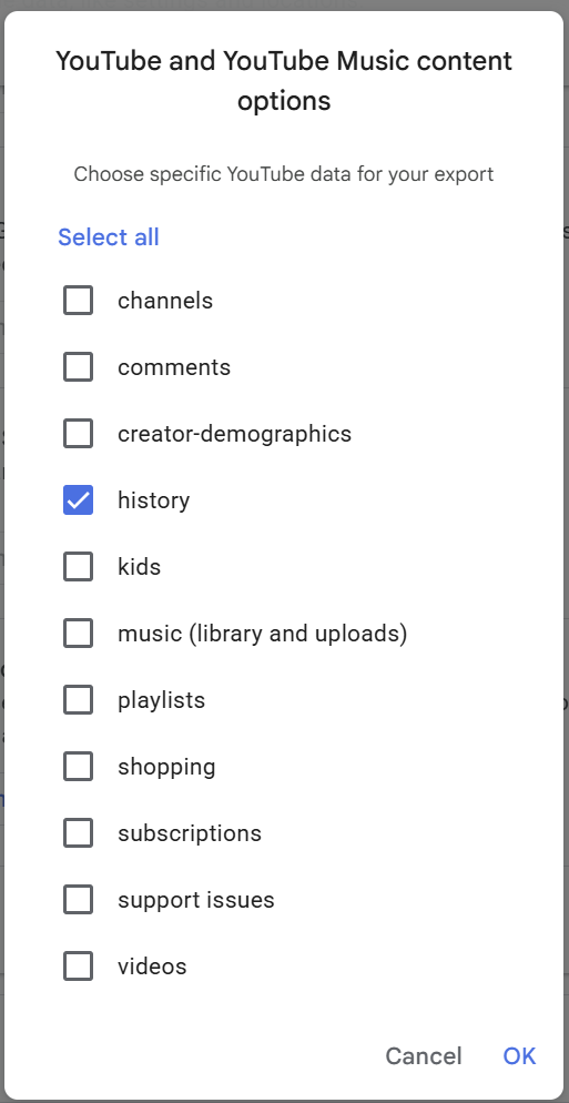 History selected in the YouTube Data list